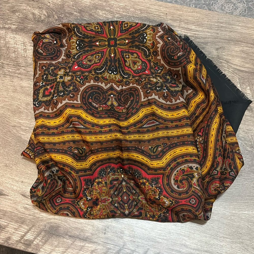 No brand red, black and yellow raw hem scarf